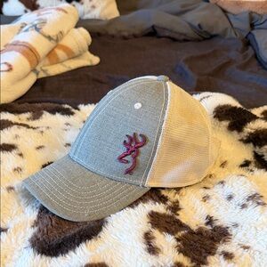 Browning Grey Front Tan Mesh Buckmark Cap with Pink Logo